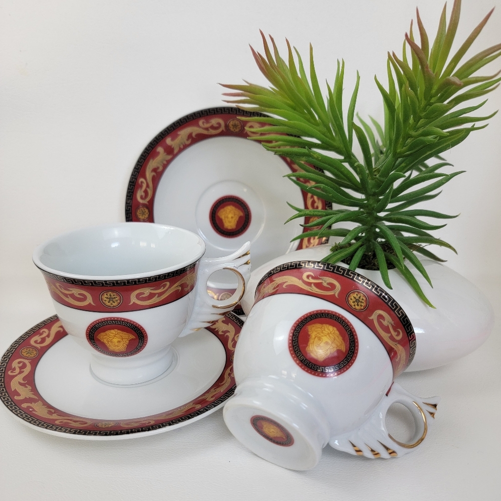 2 Versace Medusa Winged Teacup/Saucer Sets (Rosenthal) Greek Key